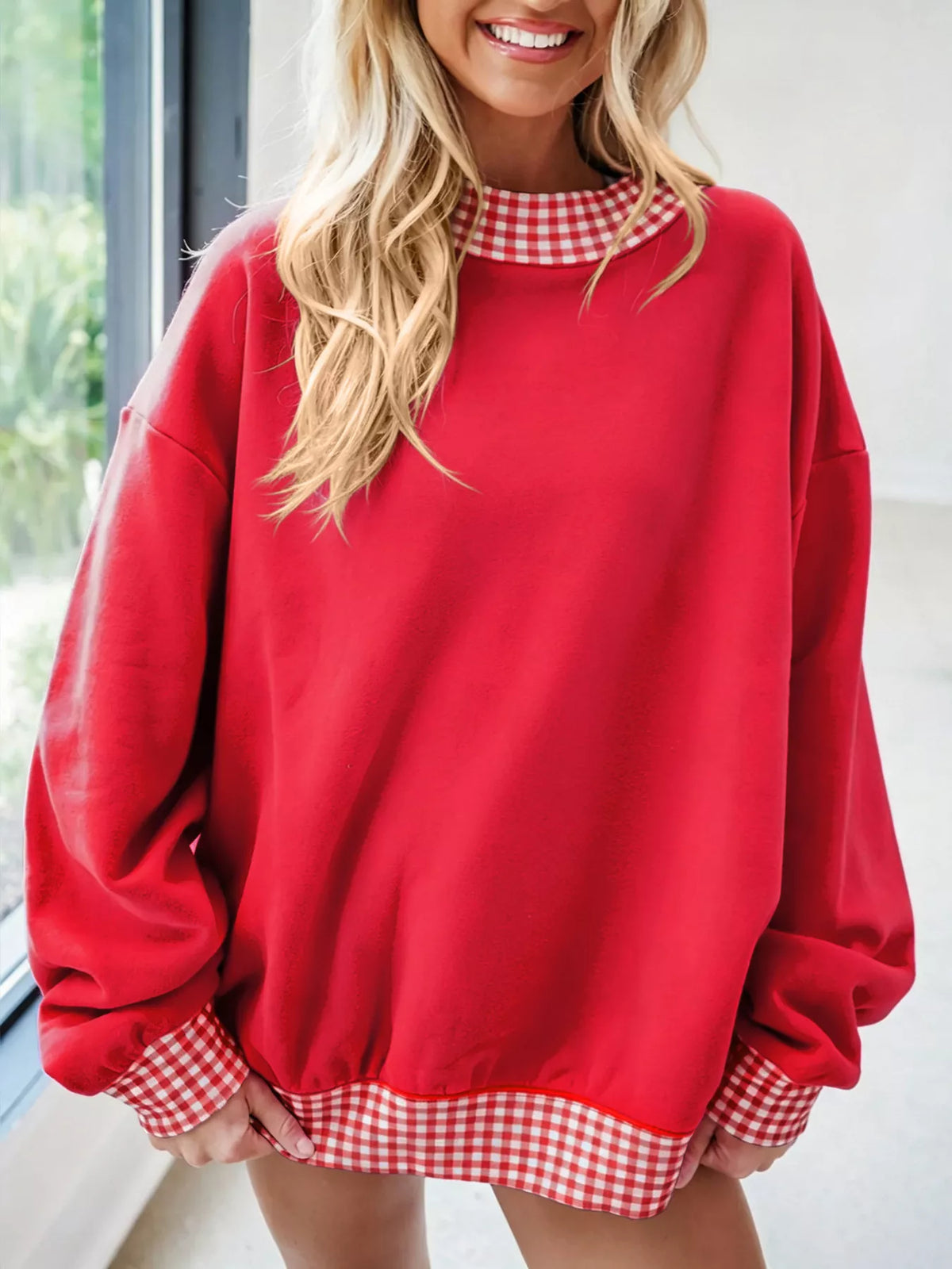 Gingham Trim Sweatshirt – Modern Casual Style