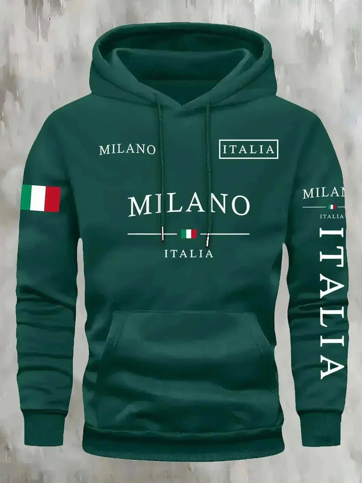 hoodie for men and women in dark green fabric, with white Milano and Italia lettering, tricolour flag accents, drawstring hood and kangaroo pocket