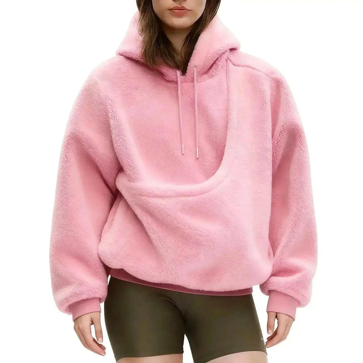 2026 Autumn Winter Hoodie Kangaroo in soft pink plush fleece, with a roomy hood, drawstrings, and oversized kangaroo pocket.