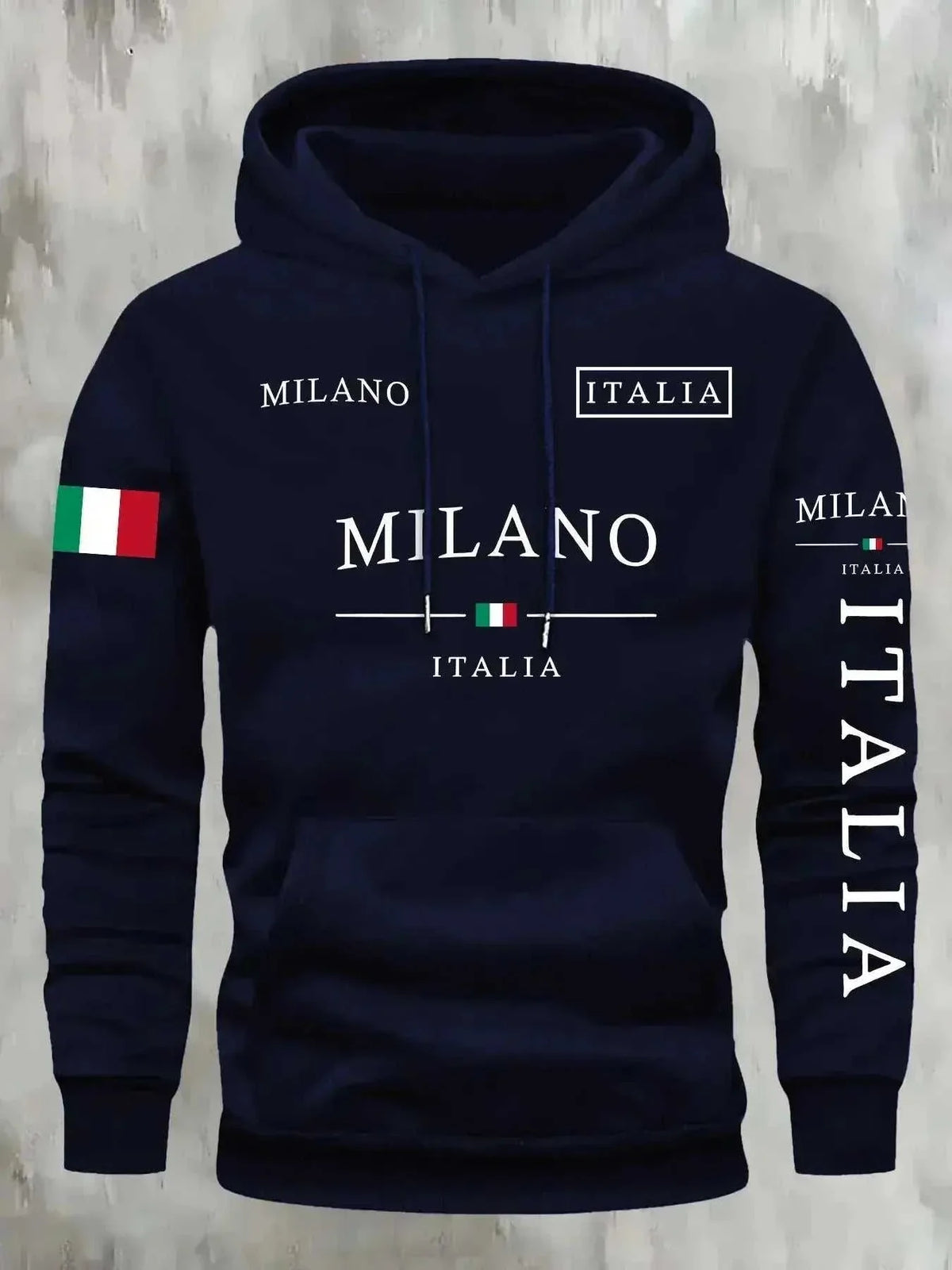 hoodie for men and women in navy blue, with a soft-looking fabric, Milano and Italia lettering, Italian flag details, hood and kangaroo pocket