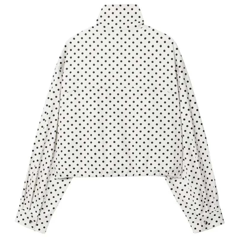 comfortable oversized polka dot bomber jacket in white fabric with black dots, featuring a high collar and long sleeves