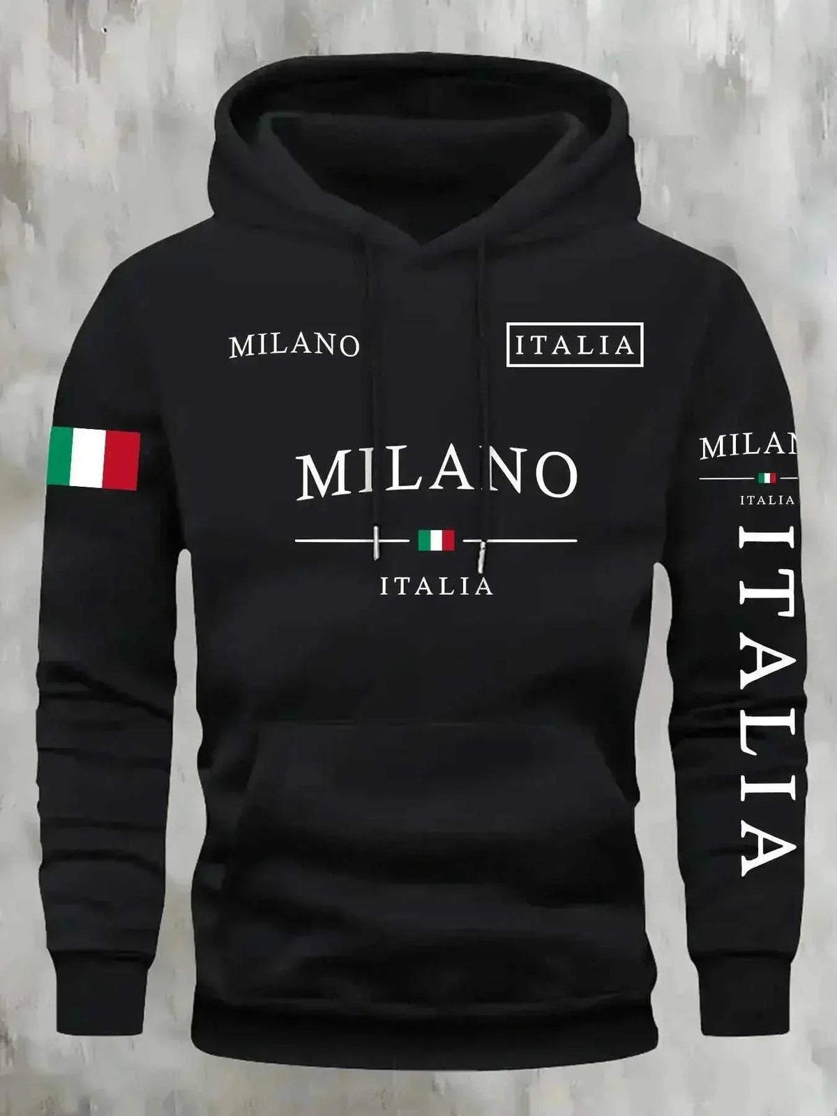 Black cotton hoodie for men and women with white Milano Italia lettering, Italian flag accents, kangaroo pocket and hood.