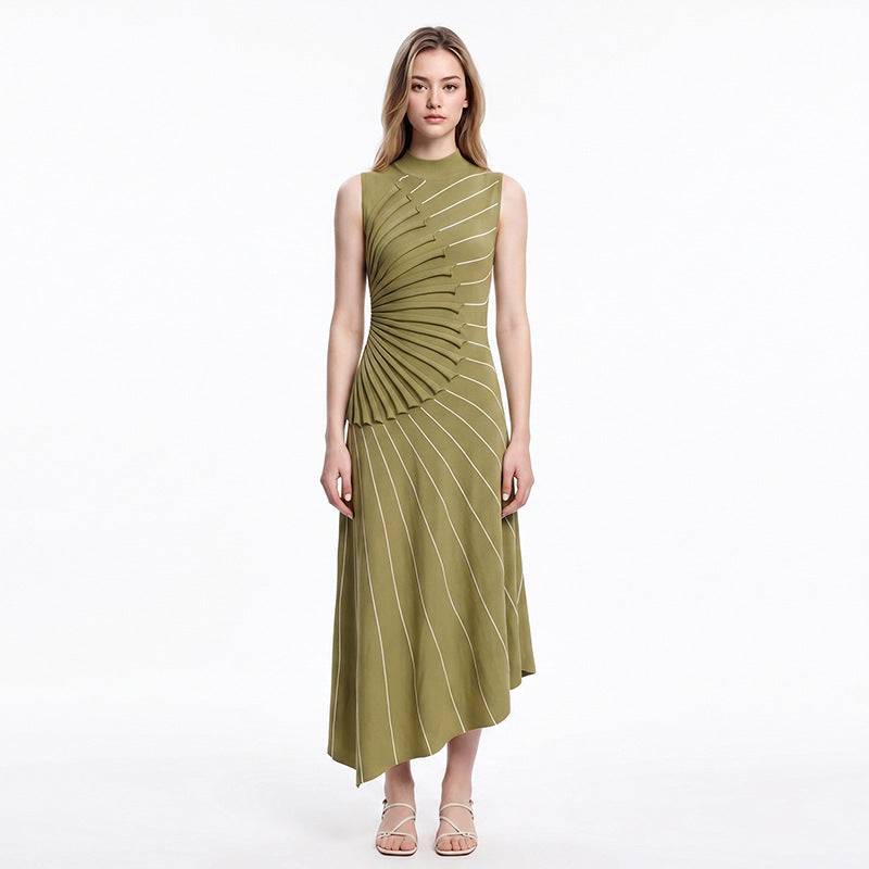 Elegant Sleeveless A-Line Pleated Striped Midi Knit Dress With Mock Neck — view 1