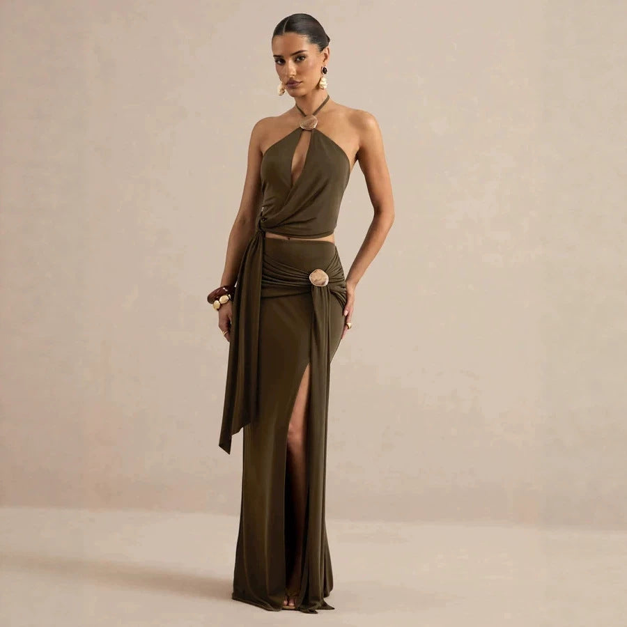 Cream-colored Halter-neck Wooden-button Hollow-out Tie-front Midriff-baring Set — view 2