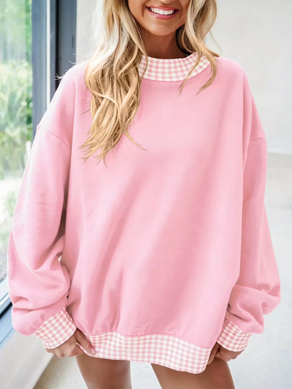 Gingham Trim Sweatshirt – Modern Casual Style