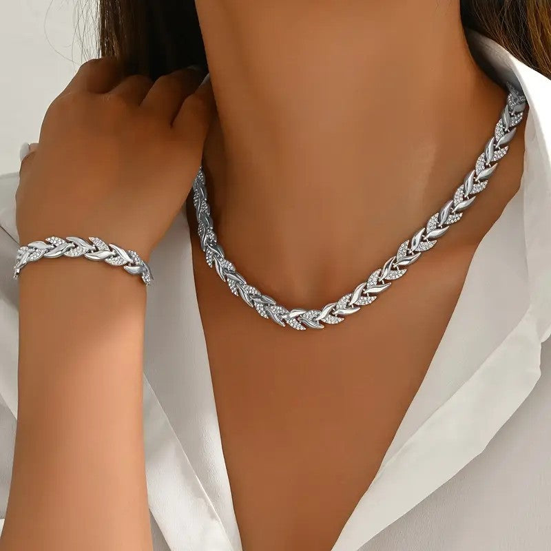 2PCS Glass Leaf Necklace Set Elegant Rhinestone Chain Necklace Bracelet For Women Fashion Luxury Jewelry Set — view 3
