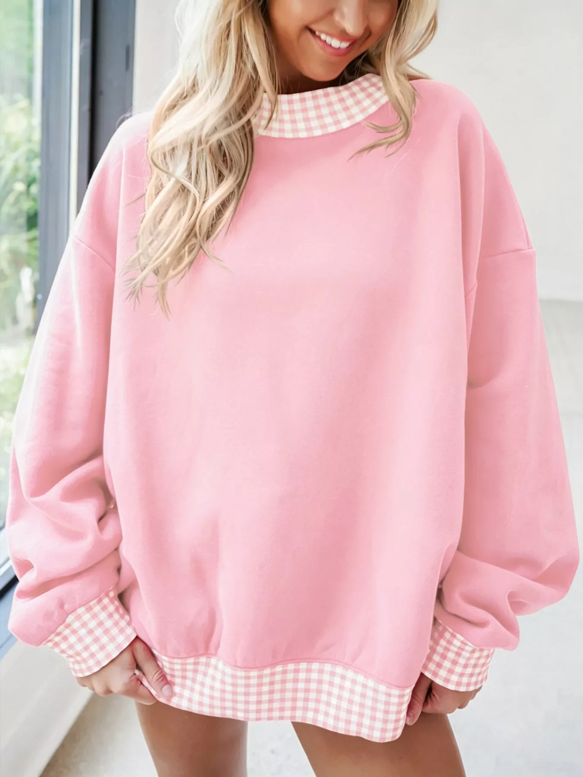 Gingham Trim Sweatshirt – Modern Casual Style