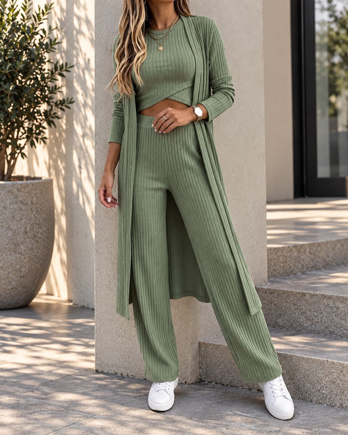 Fashionable Long Cardigan Vest And Wide-Leg Pants Womens Three-Piece Set — view 3