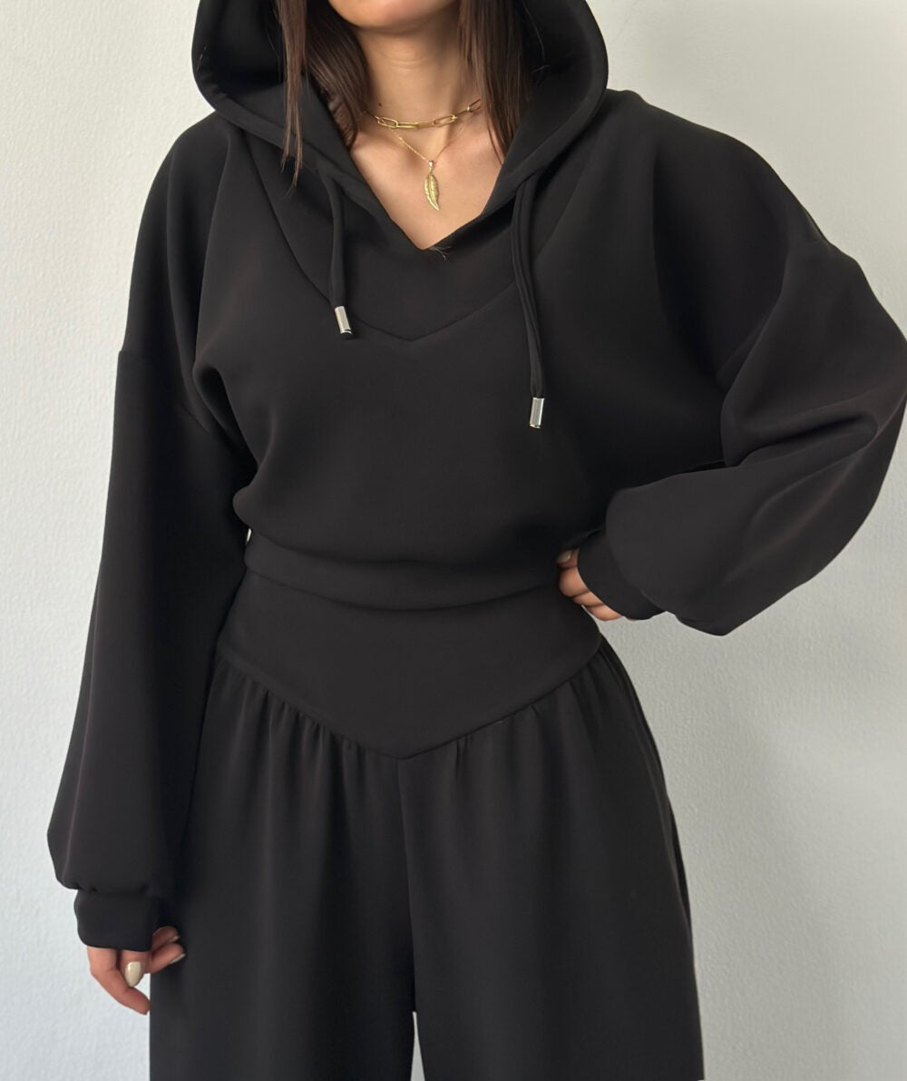 Cross-Border European And American Spring And Autumn New Casual Suit Women's V-Neck Hooded Long-Sleeved Sweatshirt Casual Pants Two-Piece Set — view 5