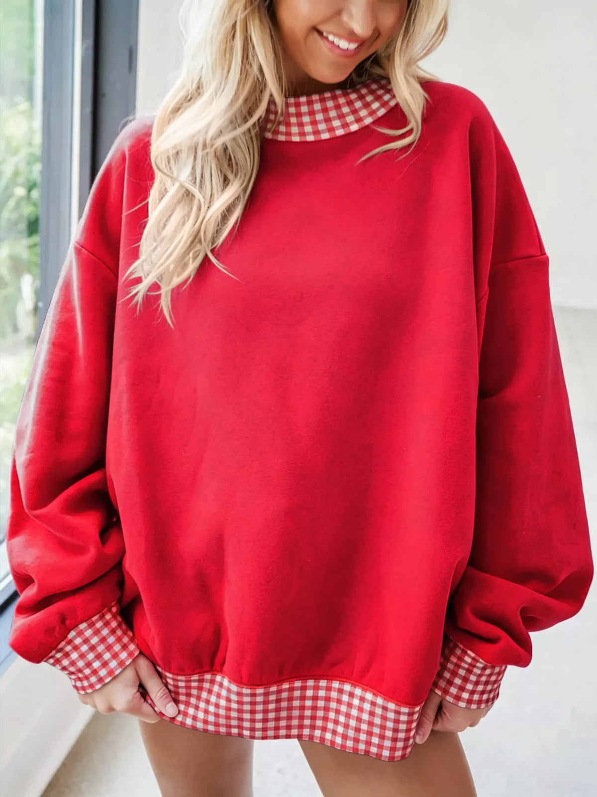 Gingham Trim Sweatshirt – Modern Casual Style