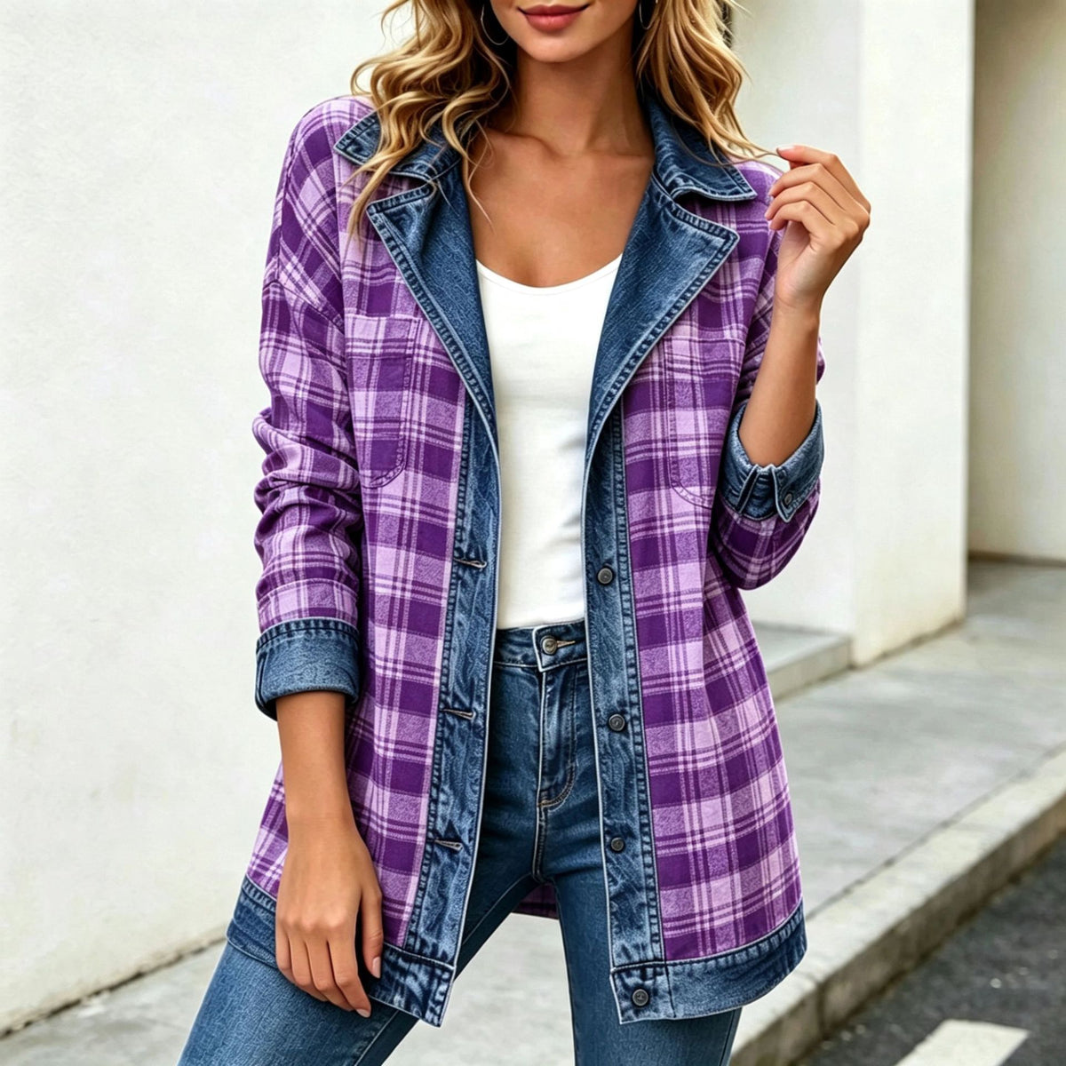 Denim Jacket With A Lapel, Plaid Patchwork Design — view 10