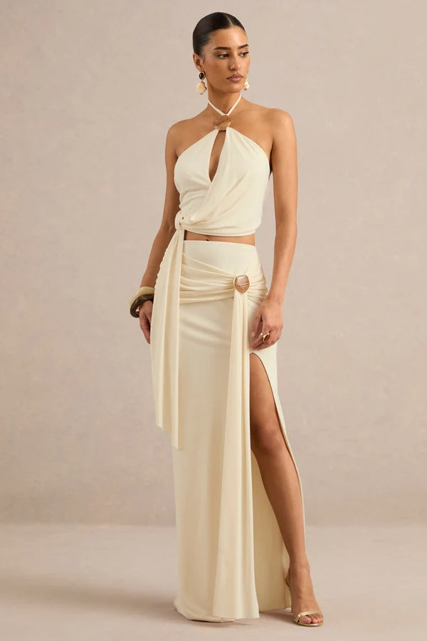 Cream-colored Halter-neck Wooden-button Hollow-out Tie-front Midriff-baring Set — view 1