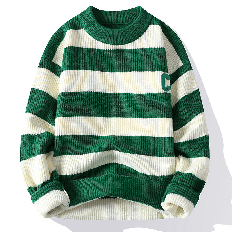 Autumn Letter Stripes Mock Neck Sweater Handsome Man Knitwear Tide — view 3