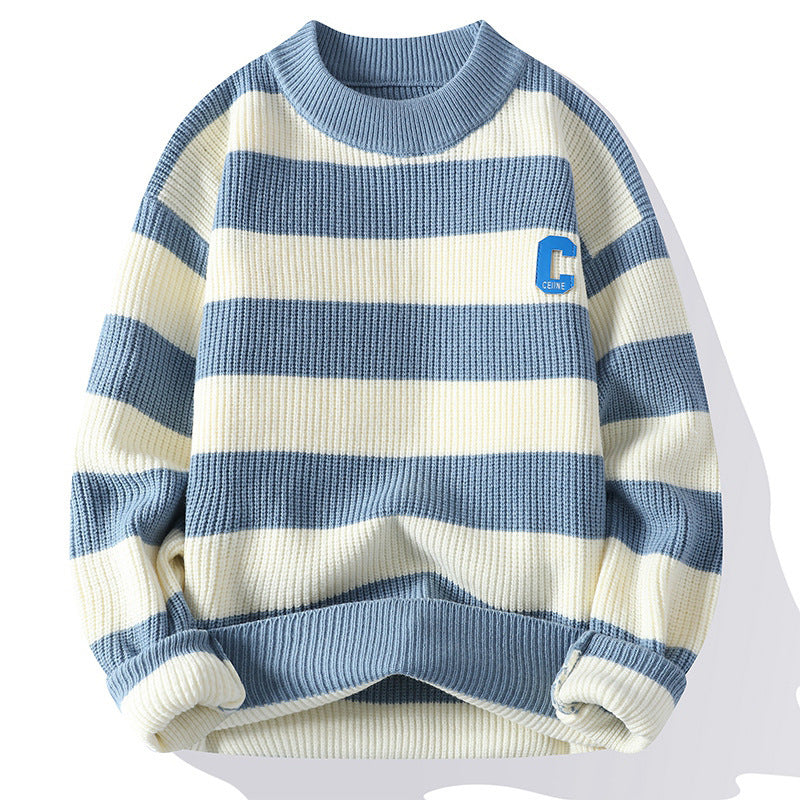 Autumn Letter Stripes Mock Neck Sweater Handsome Man Knitwear Tide — view 4