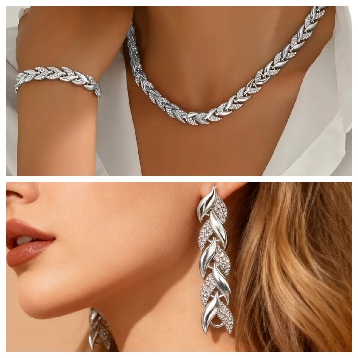 2PCS Glass Leaf Necklace Set Elegant Rhinestone Chain Necklace Bracelet For Women Fashion Luxury Jewelry Set — view 7