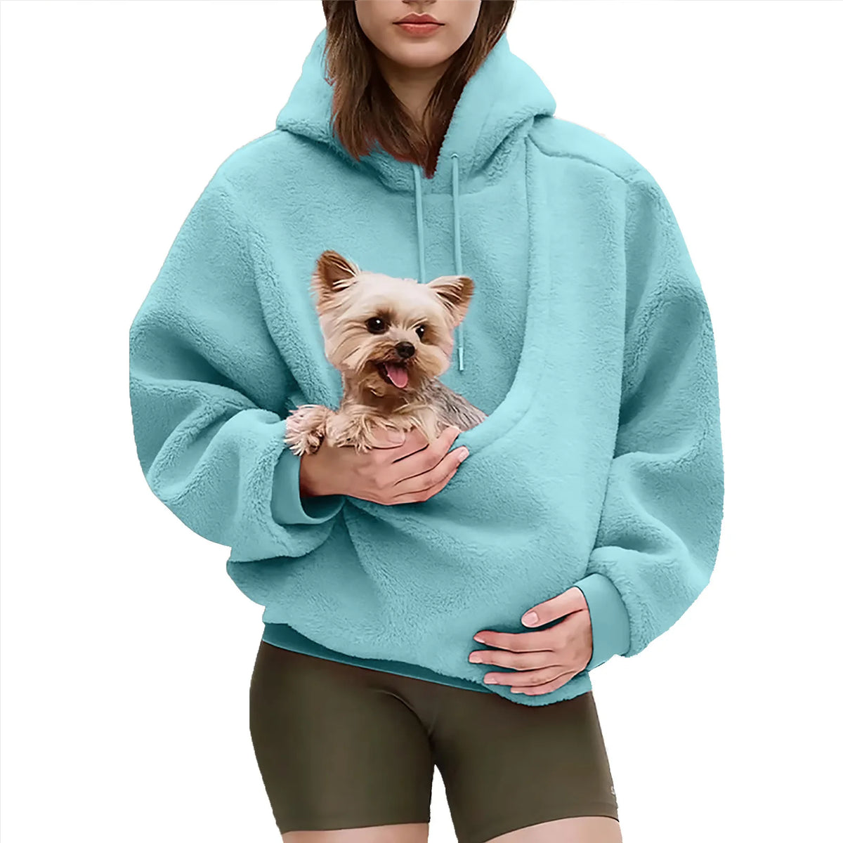 2026 Autumn Winter Hoodie Kangaroo in plush aqua fleece, featuring a relaxed fit, drawstring hood, and kangaroo pocket.