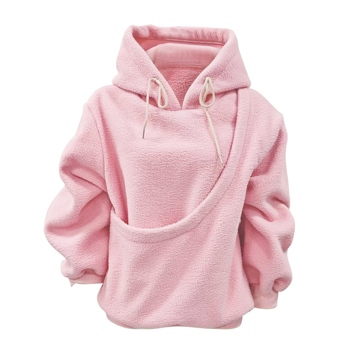 2026 Autumn Winter Hoodie Kangaroo in pale pink plush fleece, with a hood, drawstrings, and oversized diagonal front pocket.