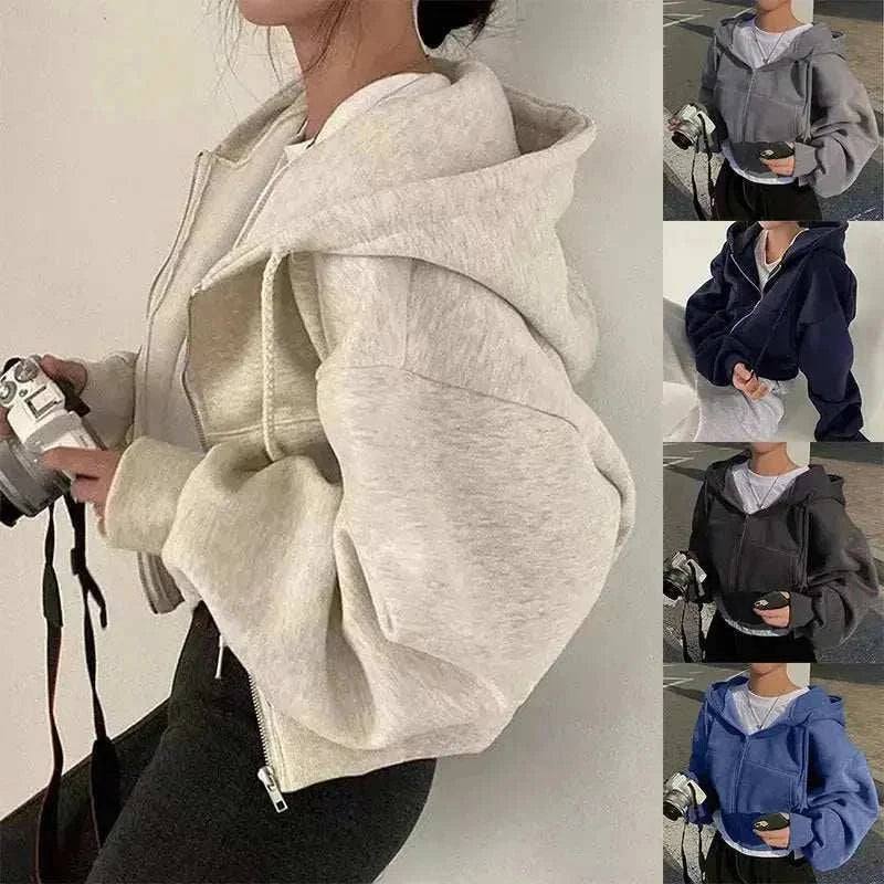 2024 Spring Autumn Hooded Sweatshirt Women, a light beige heathered zip-up fleece hoodie with a roomy hood and front pockets.