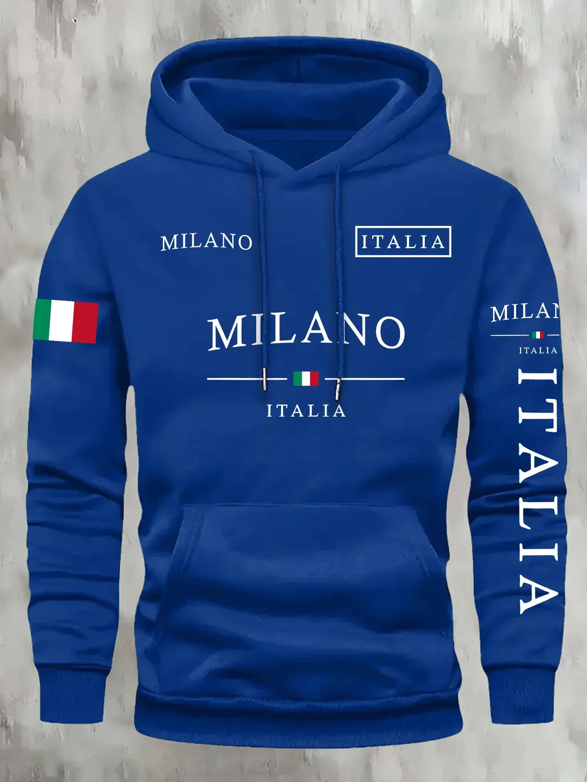 hoodie for men and women in royal blue fabric, with white Milano and Italia lettering, flag motifs, and kangaroo pocket