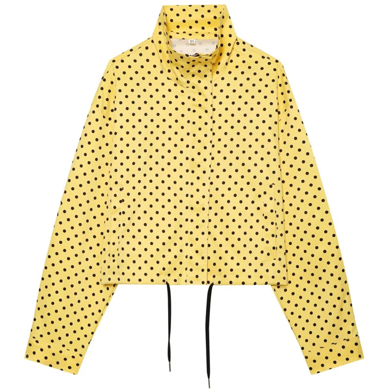 comfortable oversized polka dot bomber jacket in yellow fabric with black dots, high stand collar and drawstring hem