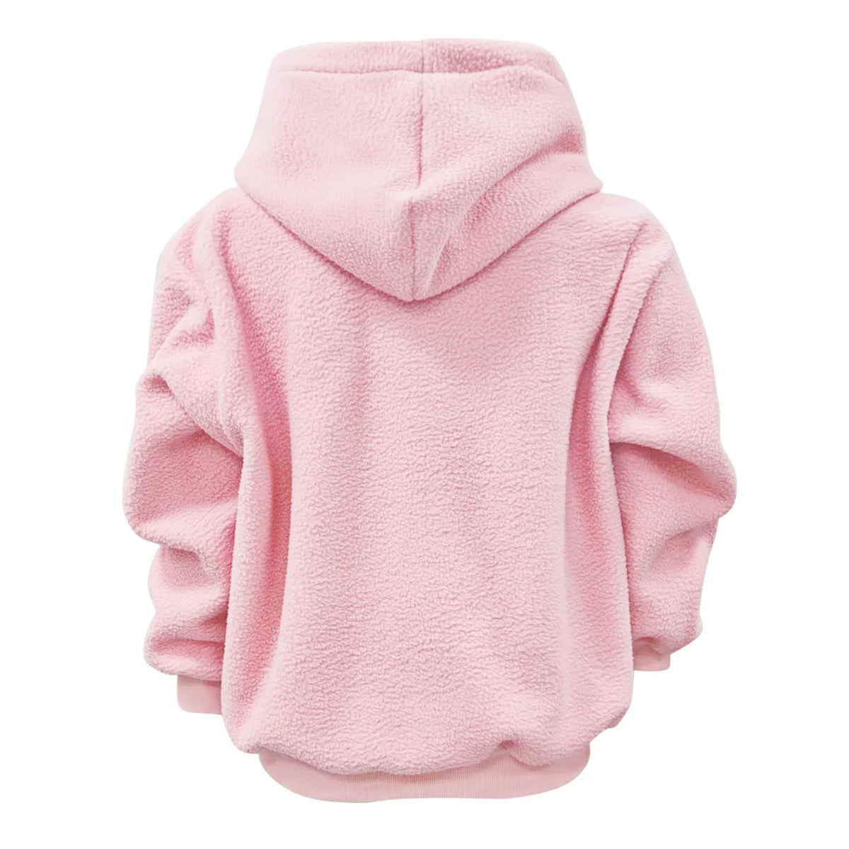 2026 Autumn Winter Hoodie Kangaroo in pale pink plush fleece, shown from the back with a hood and relaxed long sleeves.