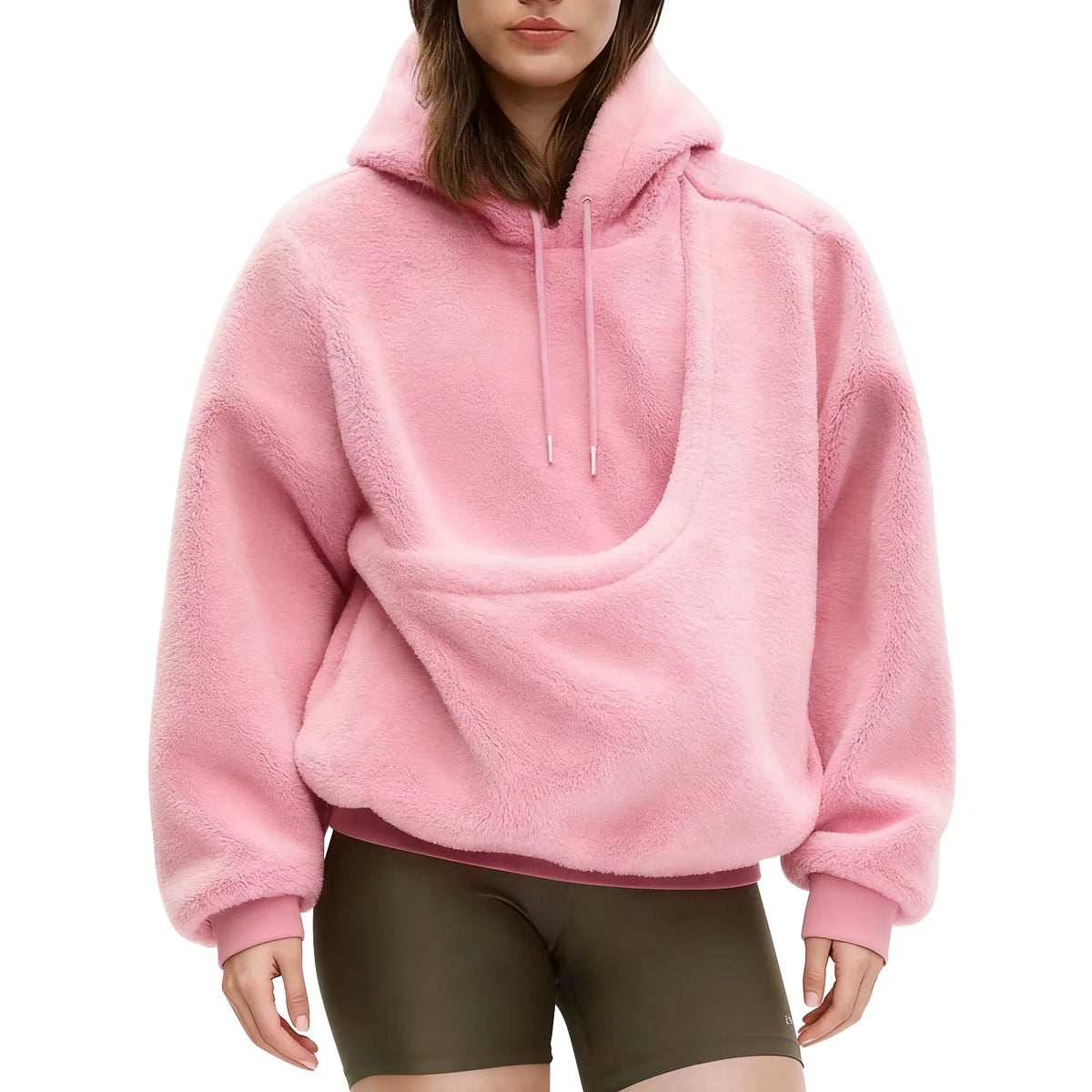 2026 Autumn Winter Hoodie Kangaroo in soft pink plush fleece, with a roomy hood, drawstrings, and oversized kangaroo pocket.
