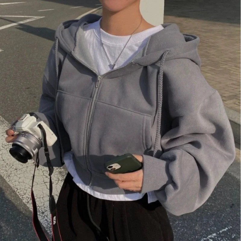 2024 Spring Autumn New Insfleece-lined Versatile Cropped Slims Smooths Silhouette Zip-up Warm Navy Blue Hooded Sweatshirt WomenDescription:We advise you to buy 2 sizes up!The size chart as below is Asian size. Please note Asian size is 2-3 size smaller th
