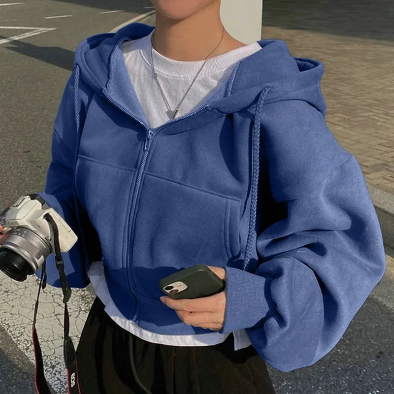 2024 Spring Autumn New Insfleece-lined Versatile Cropped Slims Smooths Silhouette Zip-up Warm Navy Blue Hooded Sweatshirt WomenDescription:We advise you to buy 2 sizes up!The size chart as below is Asian size. Please note Asian size is 2-3 size smaller th