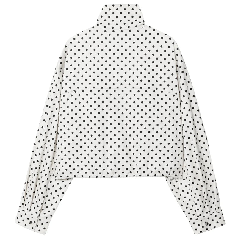 comfortable oversized polka dot bomber jacket in white fabric with black dots, featuring a high collar and long sleeves