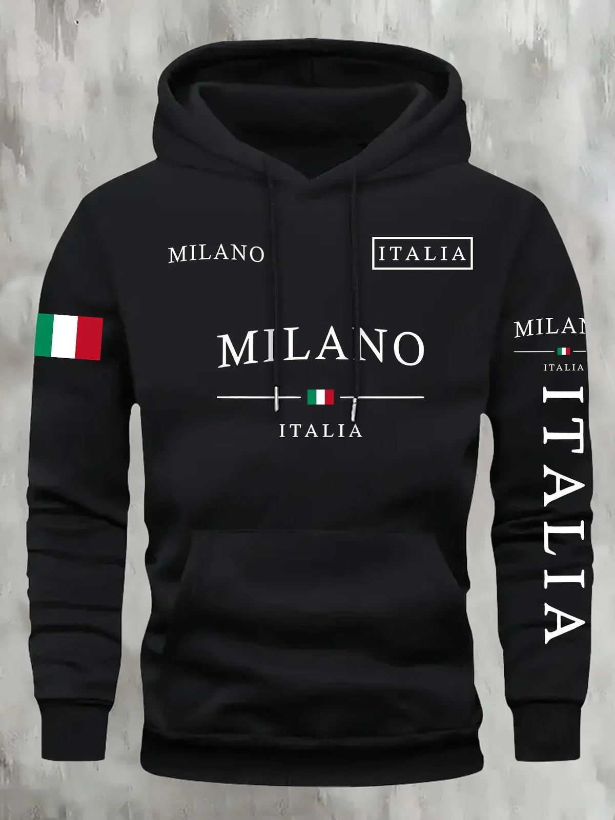 Black cotton hoodie for men and women with white Milano Italia lettering, Italian flag accents, kangaroo pocket and hood.