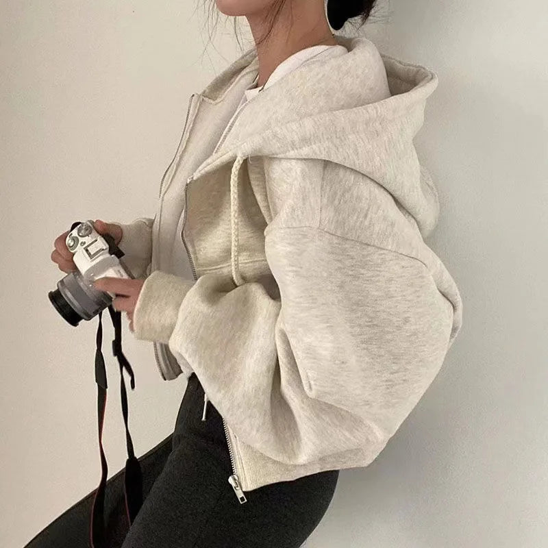 2024 Spring Autumn New Insfleece-lined Versatile Cropped Slims Smooths Silhouette Zip-up Warm Navy Blue Hooded Sweatshirt WomenDescription:We advise you to buy 2 sizes up!The size chart as below is Asian size. Please note Asian size is 2-3 size smaller th