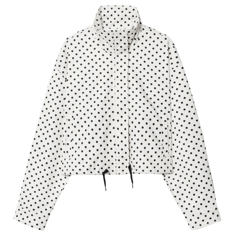 comfortable oversized polka dot bomber jacket in white fabric with black dots, featuring a high collar, front zip, and drawstring hem