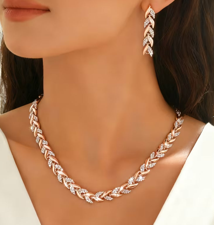 2PCS Glass Leaf Necklace Set Elegant Rhinestone Chain Necklace Bracelet For Women Fashion Luxury Jewelry Set — view 9