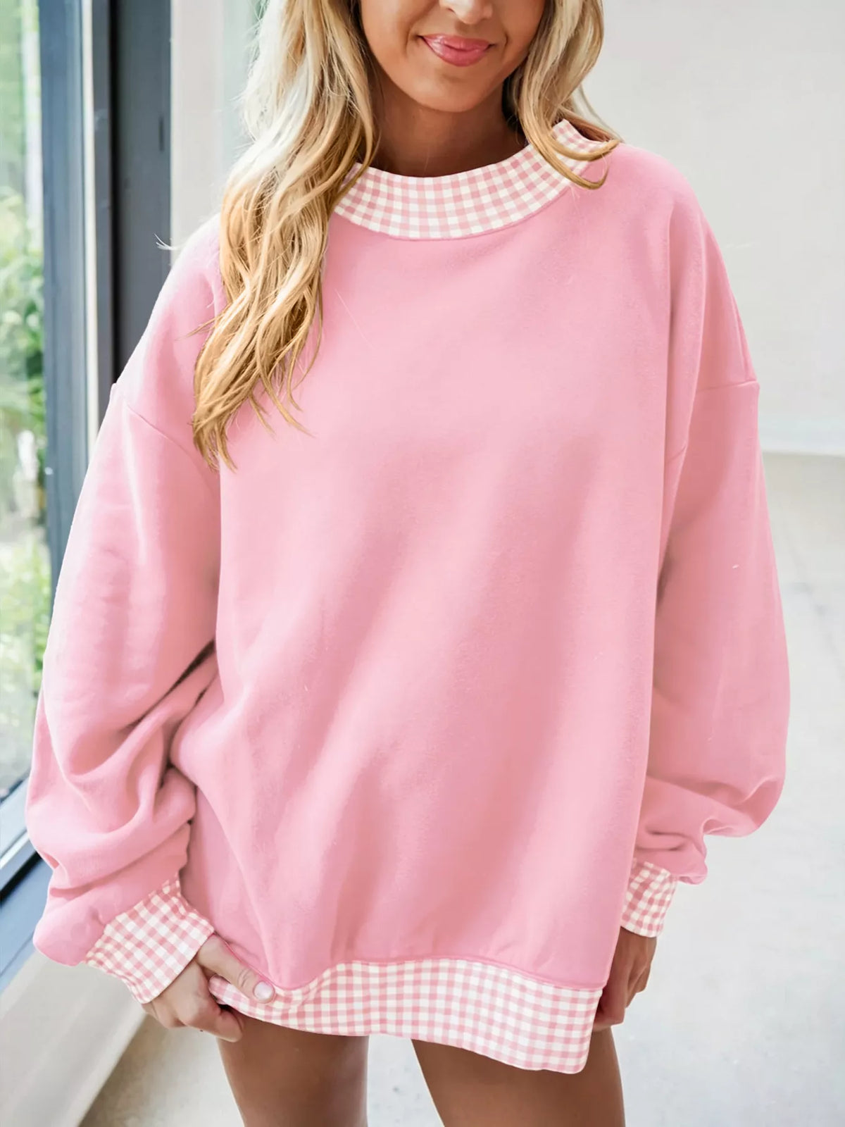 Gingham Trim Sweatshirt – Modern Casual Style