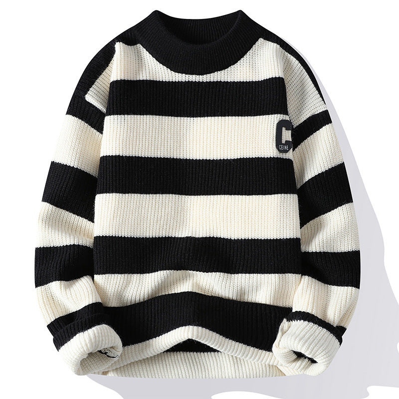 Autumn Letter Stripes Mock Neck Sweater Handsome Man Knitwear Tide — view 2