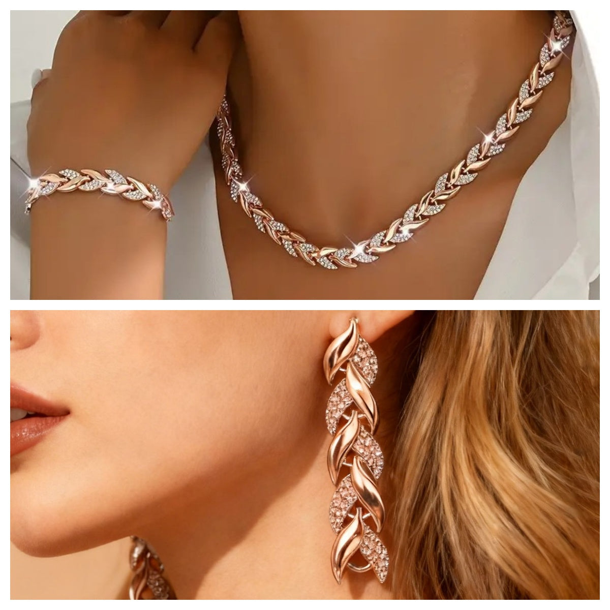 2PCS Glass Leaf Necklace Set Elegant Rhinestone Chain Necklace Bracelet For Women Fashion Luxury Jewelry Set — view 4