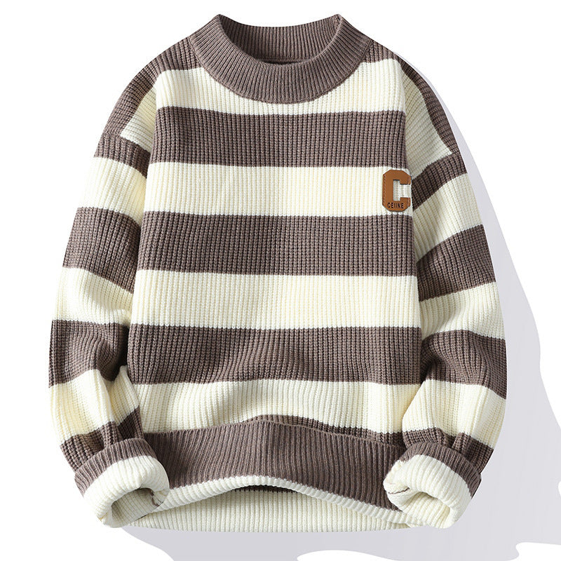 Autumn Letter Stripes Mock Neck Sweater Handsome Man Knitwear Tide — view 5