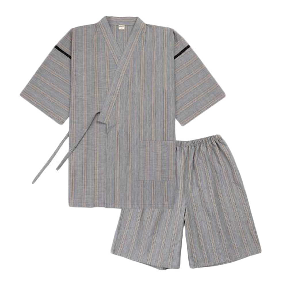 Summer Japanese Kimono Style Men's Pajamas Suit Stripes Cotton Short Pajamas Set Khan Steam Clothes Home Wear, Grey — view 1