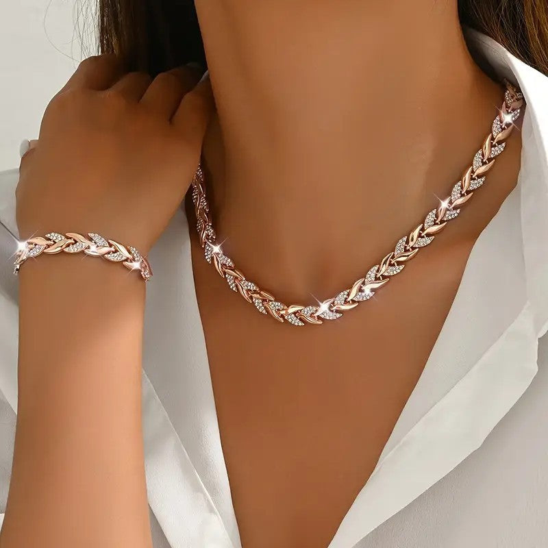 2PCS Glass Leaf Necklace Set Elegant Rhinestone Chain Necklace Bracelet For Women Fashion Luxury Jewelry Set — view 1