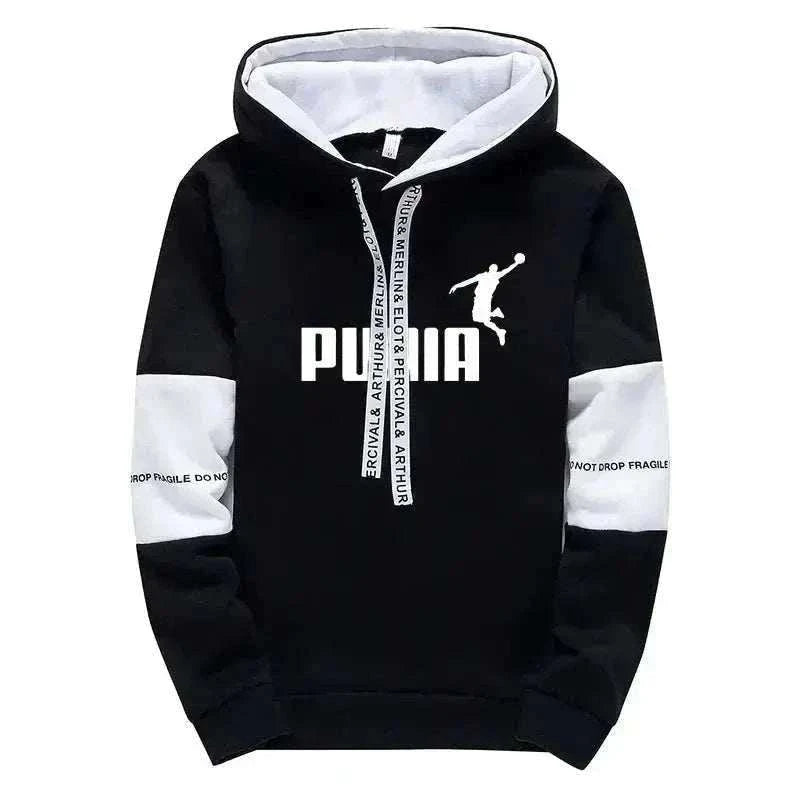 Men's Tracksuit hoodie in black fabric with white hood lining, sleeve bands, drawstrings and bold chest logo