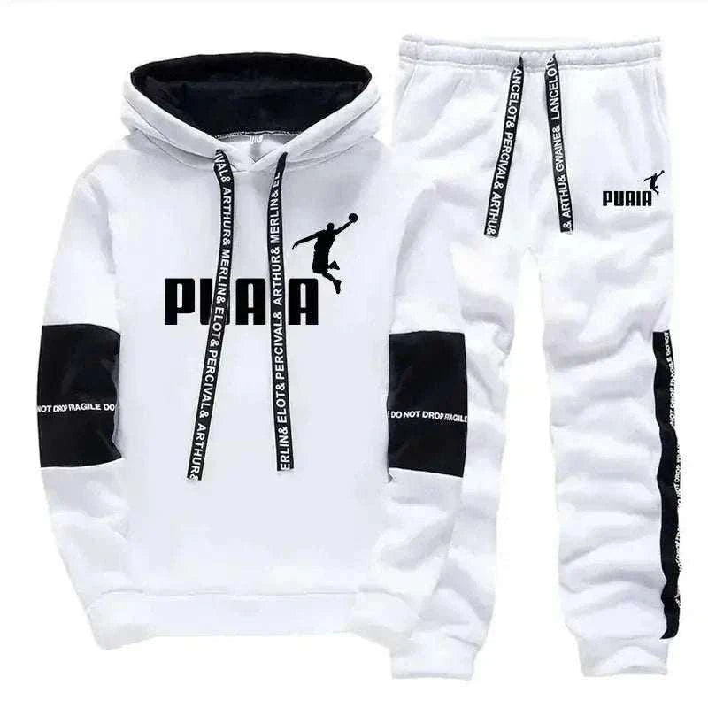 Men's Tracksuit in white fleece with black hood lining, sleeve panels, side stripes, logo print and matching drawstring pants