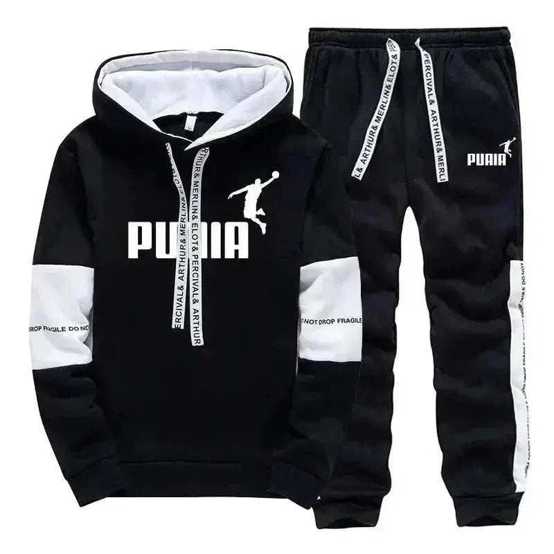 Men's Tracksuit with a black hoodie and jogger pants, white panels, drawstrings, and bold sports logo accents