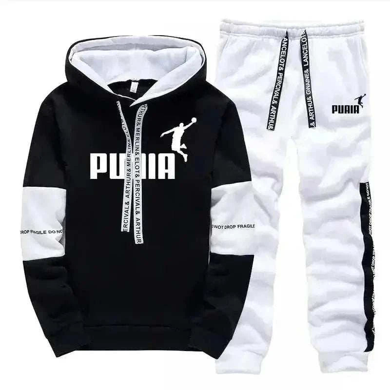 Men's Tracksuit in black and white, featuring a hooded sweatshirt with bold chest lettering and matching white jogger pants