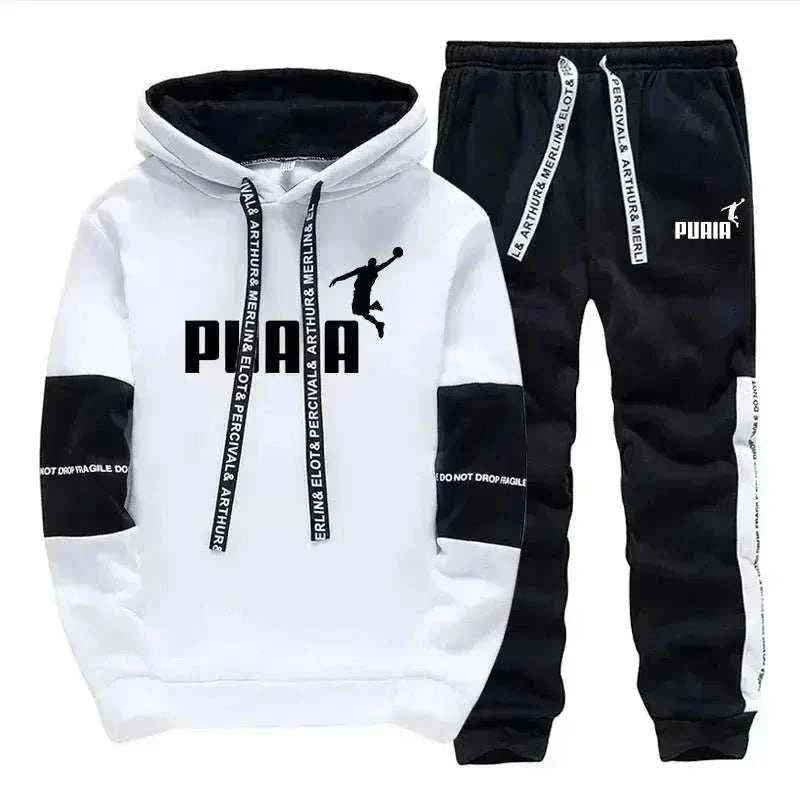 Men's Tracksuit with a white pullover hoodie and black jogger pants, featuring bold graphics and contrast panels
