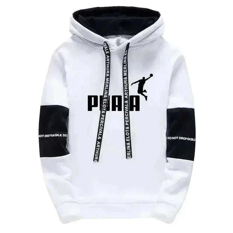 Men's Tracksuit hoodie in white with black sleeve panels, drawstrings, kangaroo pocket and bold graphic lettering