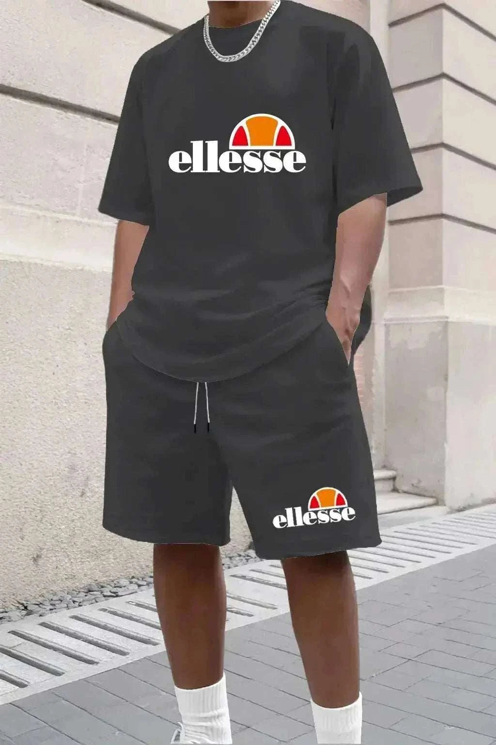 New Men's Casual and Fashionable Outdoor Clothing, black ellesse T-shirt and matching shorts with bold logo prints