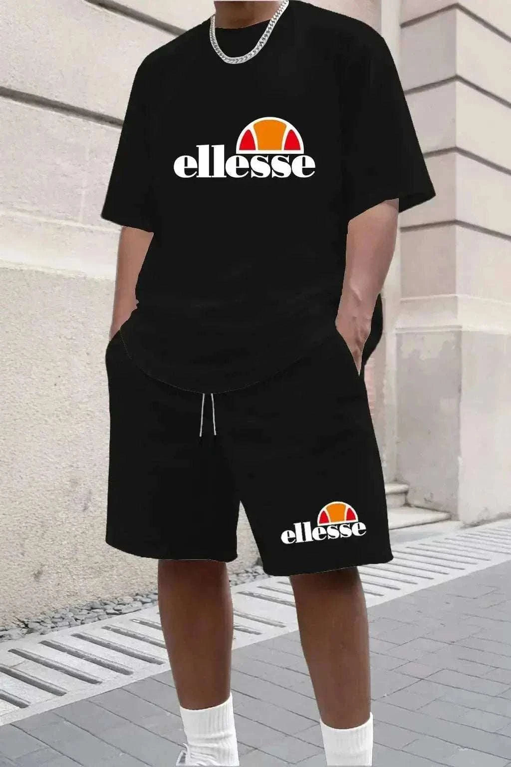 New Men's Casual and Fashionable Outdoor Clothing featuring a black cotton-look T-shirt and shorts with white ellesse logos