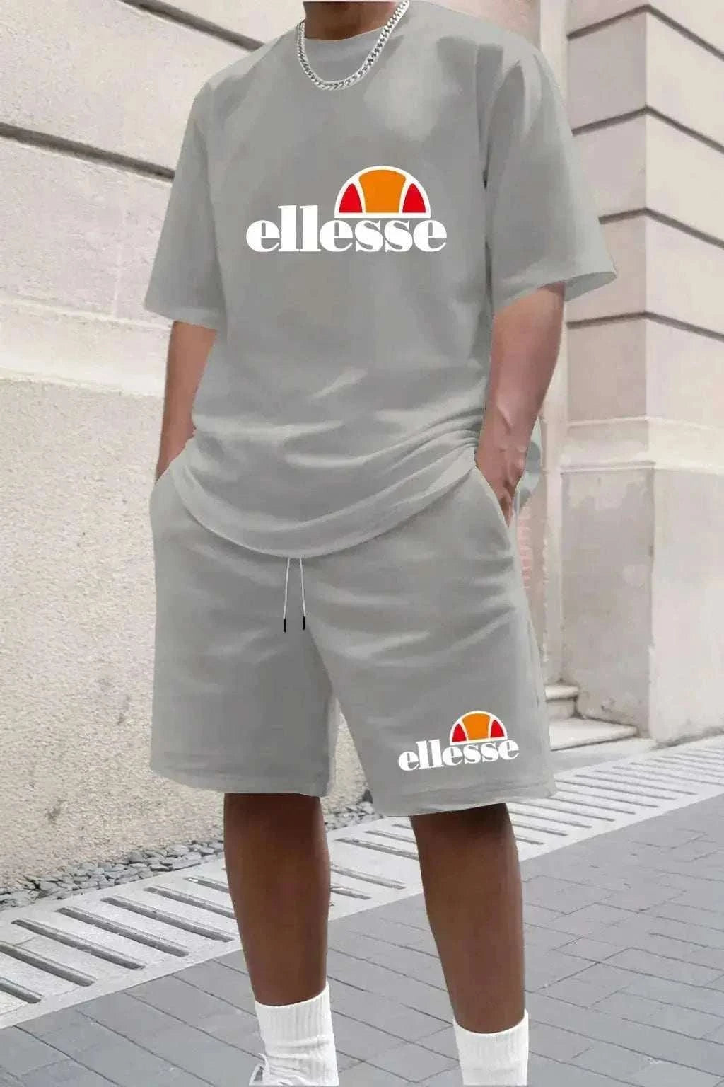 New Men's Casual and Fashionable Outdoor Clothing grey cotton T-shirt and shorts set with white ellesse logos