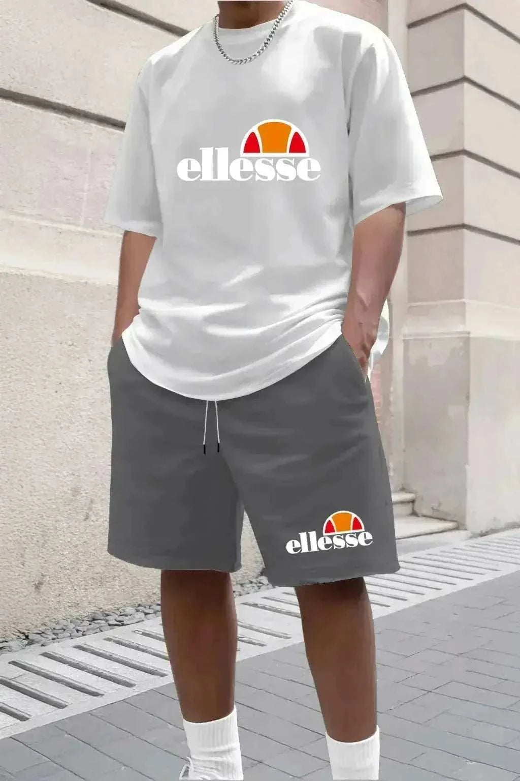 New Men's Casual and Fashionable Outdoor Clothing featuring a white Ellesse logo T-shirt and charcoal gray shorts