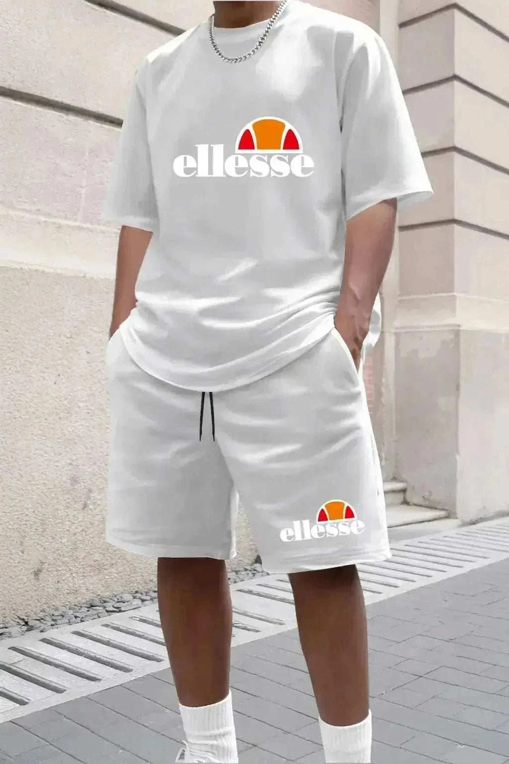 New Men's Casual and Fashionable Outdoor Clothing white cotton-look T-shirt and shorts set with bold ellesse logos